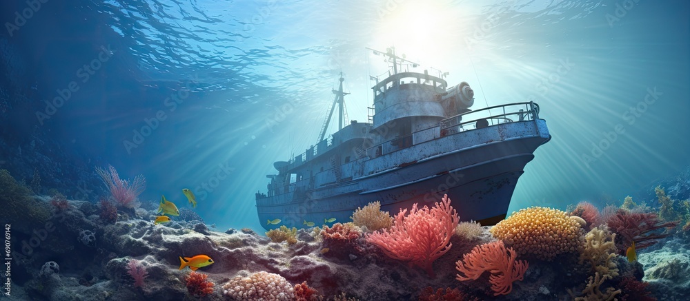Poster ship wreck tugboat in shallow water of coral reef in caribbean sea with curacao flag view to surface