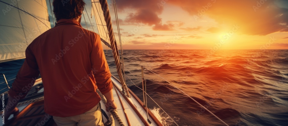 Poster young man standing on the yacht in the sea at sunset. copyspace image. header for website template