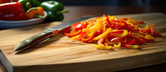 Red Orange Yellow and Green Bell Peppers Cut into Thin Strips Bell peppers cut in batonnets on a...