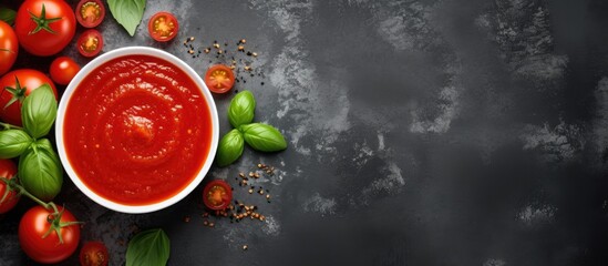 Tomato ketchup sauce in a bowl with basil and tomatoes Top view. Copyspace image. Header for website template