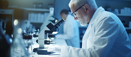 Senior scientist man and microscope analysis and science study with medical research and biotechnology in lab Male person doctor and pathology check test sample with scientific experiment