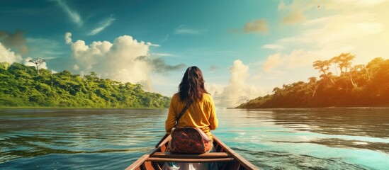 Woman explorer travels an Amazon river in a canoe. Copyspace image. Header for website template - obrazy, fototapety, plakaty