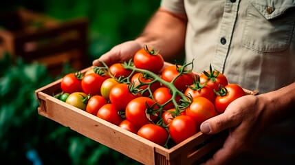 A man holding a box with fresh tomatos. Healthy eating concept.