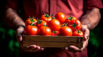 A man holding a box with fresh tomatos. Healthy eating concept. - 690769151