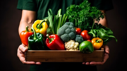 A man holds a wooden box with various fresh organic vegetables in his hands. Healthy eating concept. - 690769176