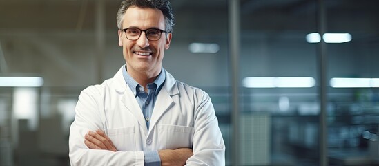 Young hispanic man scientist smiling confident with arms crossed gesture at laboratory. Copyspace image. Header for website template - Powered by Adobe