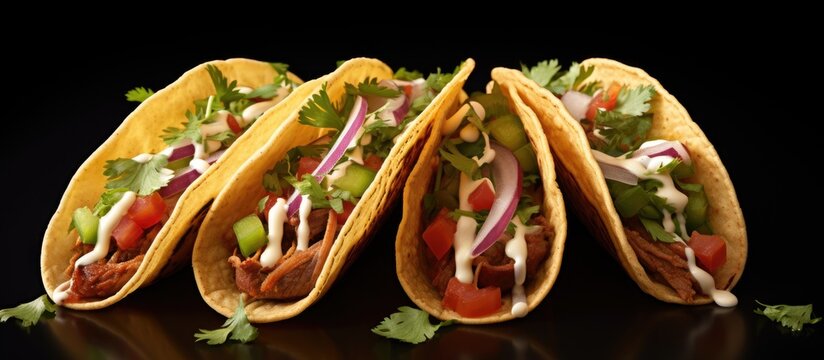 Three authentic Mexican taco steak with onions cilantro and lime. Copyspace image. Header for website template