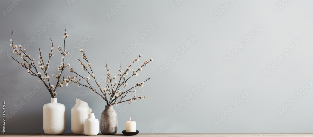 Aufkleber tree branches with introduced buds in a glass vase and candles on a wooden coffee table scandinavian