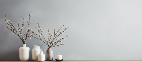 Tree branches with introduced buds in a glass vase and candles on a wooden coffee table Scandinavian living room decor. Copyspace image. Header for website template