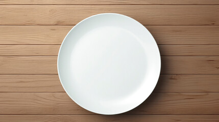 An empty white plate on a wooden table, top view. AI generated - 690769330