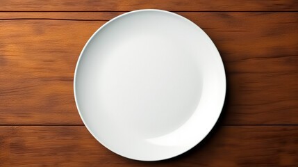 An empty white plate on a wooden table, top view. AI generated - 690769336