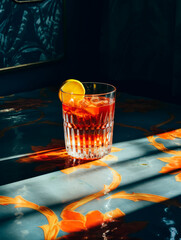 A glass of Negroni cocktail, play of shadows with reflections of sunlight - 690769353