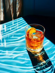 A glass of Negroni cocktail, a play of shadows with reflections of sparkling water. AI generated - 690769359
