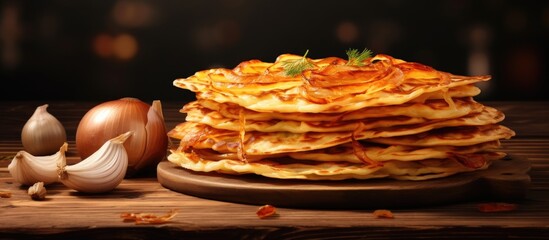 Stack of fried green onion pancakes on a wooden board. Copyspace image. Square banner. Header for website template - Powered by Adobe