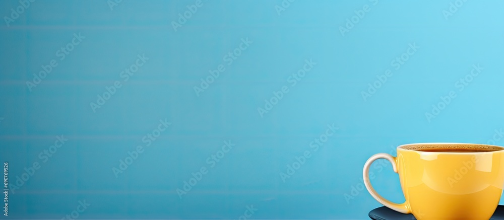 Poster Yellow cup with aromatic coffee on a blue background. Copyspace image. Square banner. Header for website template