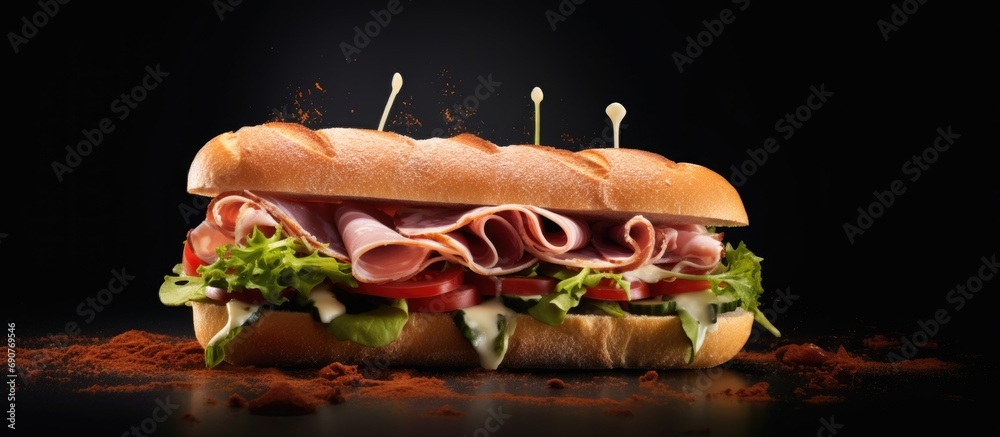 Poster Takeaway delicious sandwich with mortadella or Parma ham multi grain baguette arugula and onion. Copyspace image. Square banner. Header for website template
