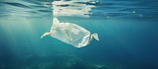 Underwater pollution A discarded plastic carrier bag drifting in a tropical blue water ocean. Copyspace image. Square banner. Header for website template - obrazy, fototapety, plakaty