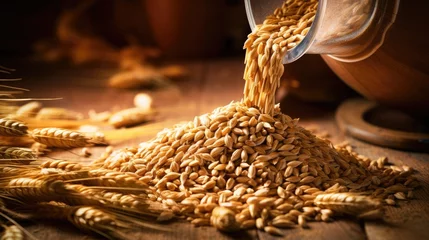 Gordijnen Malt beer barley seed brewery alcohol production cereal mill wallpaper background © Irina