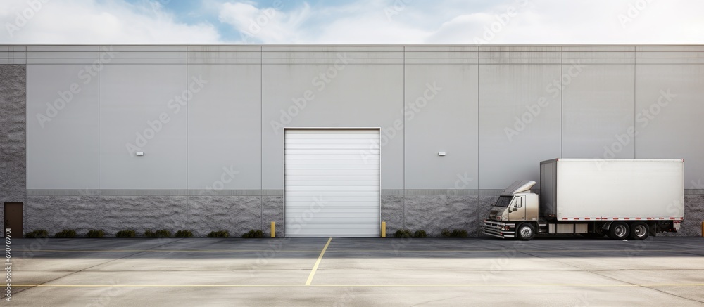 Poster warehouse industrial building exterior facade with semi truck loading dock door entrance. copyspace 