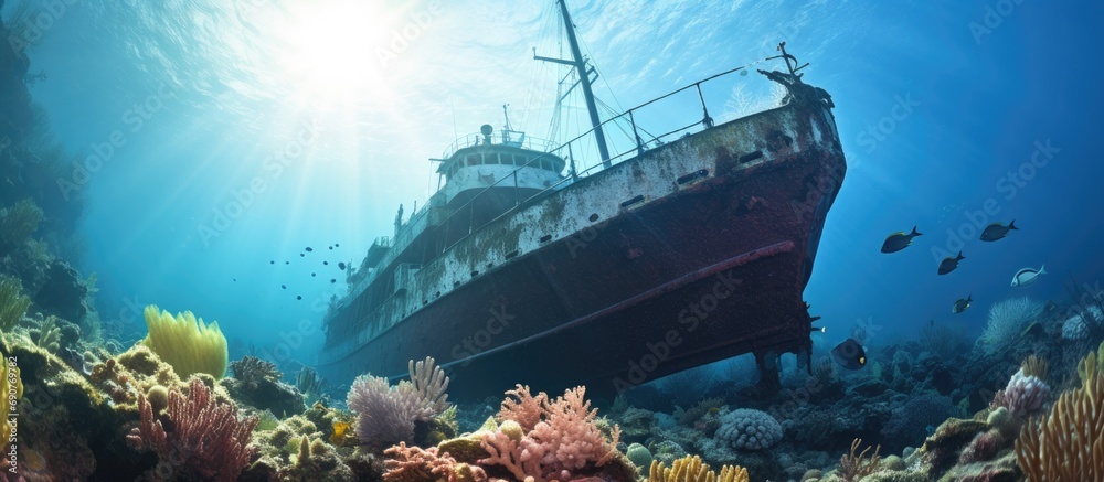 Poster ship wreck tugboat in shallow water of coral reef in caribbean sea with curacao flag view to surface
