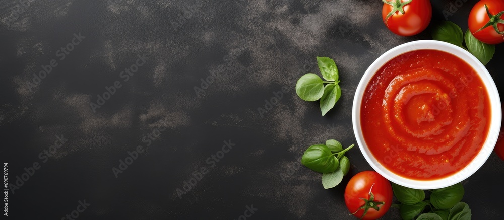 Poster Tomato ketchup sauce in a bowl with basil and tomatoes Top view. Copyspace image. Square banner. Header for website template