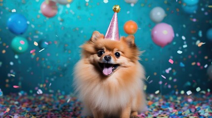 Fototapeta na wymiar Dog puppy happy birthday party celebrating wallpaper background