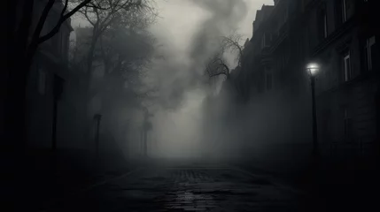 Keuken spatwand met foto Alley fog night street city dark town urban wallpaper background © Irina