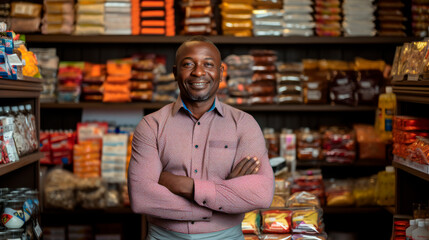 Owner of an ethnic shop. Standing in front of various products in his shop. An African man