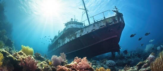 Ship wreck Tugboat in shallow water of coral reef in Caribbean sea with Curacao Flag view to surface and sunbeams. Copyspace image. Square banner. Header for website template