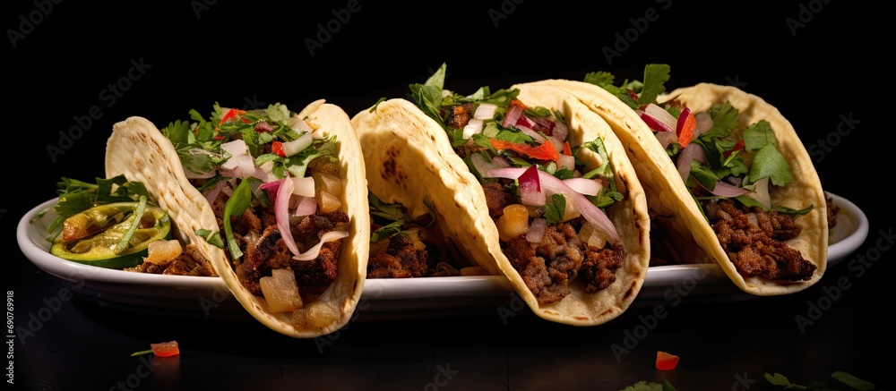 Aufkleber three authentic mexican taco steak with onions cilantro and lime. copyspace image. square banner. he