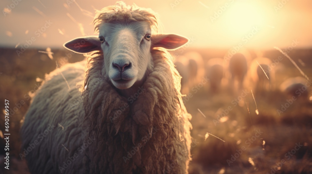 Aufkleber A sheep standing in a field with the sun setting in the background. Suitable for nature and farm-related designs