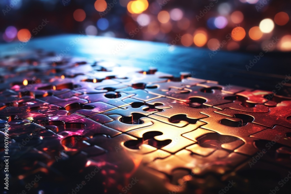 Poster Close-up view of a puzzle piece placed on a table. This versatile image can be used to represent problem-solving, teamwork, or the concept of fitting in