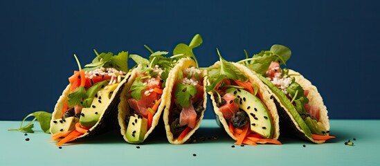 Vegan Sushi Tacos with Plant based salmon and tuna. Copyspace image. Square banner. Header for...