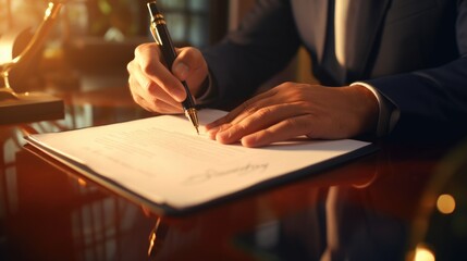 A man in a suit writing on a piece of paper. Suitable for business, office, and communication concepts - obrazy, fototapety, plakaty