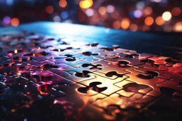 Close-up view of a puzzle piece placed on a table. This versatile image can be used to represent problem-solving, teamwork, or the concept of fitting in - obrazy, fototapety, plakaty