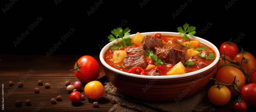 Poster thick soup with beef potatoes tomatoes and bell peppers. copyspace image. square banner. header for 