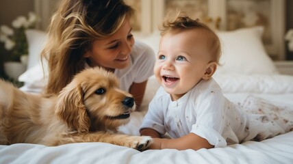 mother and child playing with dog