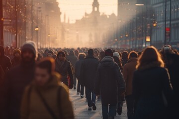 A large group of people walking down a street. Suitable for urban scenes or events