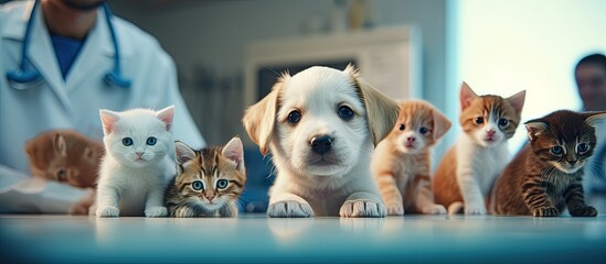 Vet examining dog and cat Puppy and kitten at veterinarian doctor Animal clinic Pet check up and vaccination Health care for dogs and cats. Copyspace image. Square banner. Header for website template