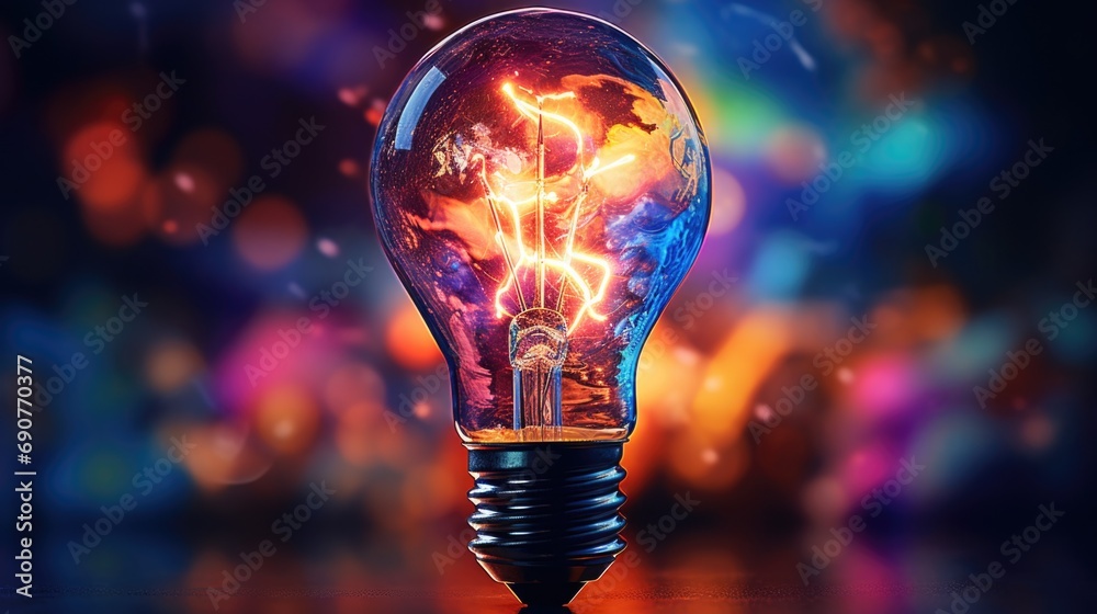 Poster A light bulb with a lightning inside. Suitable for concepts related to innovation, creativity, and ideas