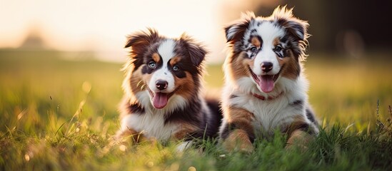 Toy Australian Shepherd Puppies on green grass at farm and ranch. Copyspace image. Square banner. Header for website template - obrazy, fototapety, plakaty