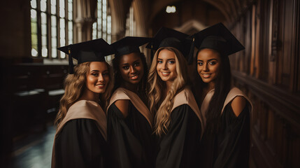 Obraz premium A diverse group of women, dressed in graduation gowns and caps, share the excitement and success at their graduation