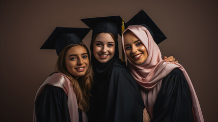 Obraz premium Multiethnic young women, wearing graduation gowns and caps, express joy and satisfaction at their graduation ceremony