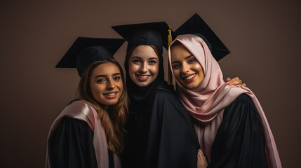 Multiethnic young women, wearing graduation gowns and caps, express joy and satisfaction at their graduation ceremony