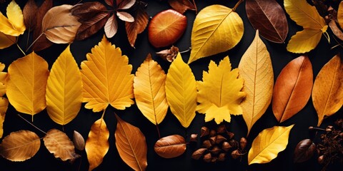 A collection of various colored leaves and nuts. Ideal for autumn-themed designs and nature-inspired projects