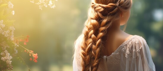 Young girl with braid or plait hairstyle long hair in a wedding ceremony. Copyspace image. Square banner. Header for website template - obrazy, fototapety, plakaty