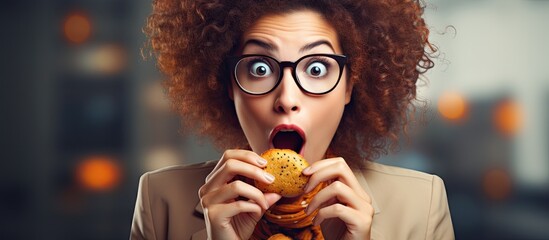 Young caucasian woman working at the office eating snack in shock face looking skeptical and sarcastic surprised with open mouth. Copyspace image. Square banner. Header for website template