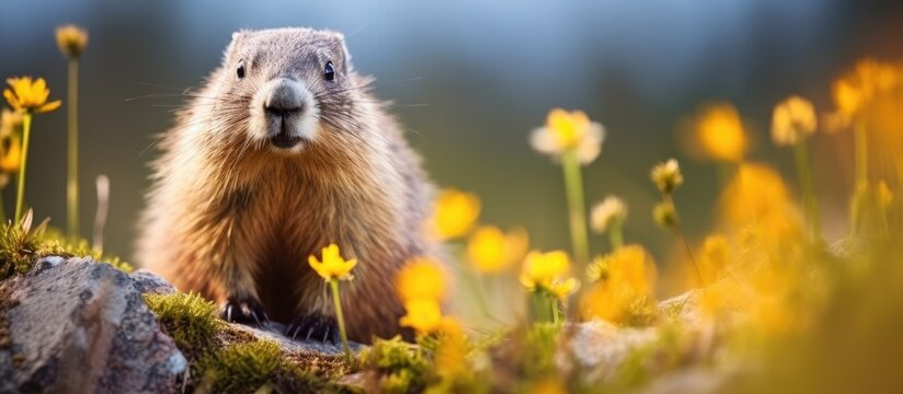 Steppe marmot stands in a field on a spring day in its natural habitat. Copyspace image. Square banner. Header for website template