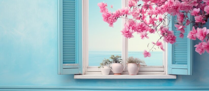 Window with closed blue shutters with heart shaped cuts and bougainvillea flowers French Riviera South of France. Copyspace image. Square banner. Header for website template