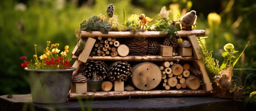 Wooden insect house outdoors in the garden Bug hotel as home for various species of insects garden ecosystem and biodiversity DIY project. Copyspace image. Square banner. Header for website template